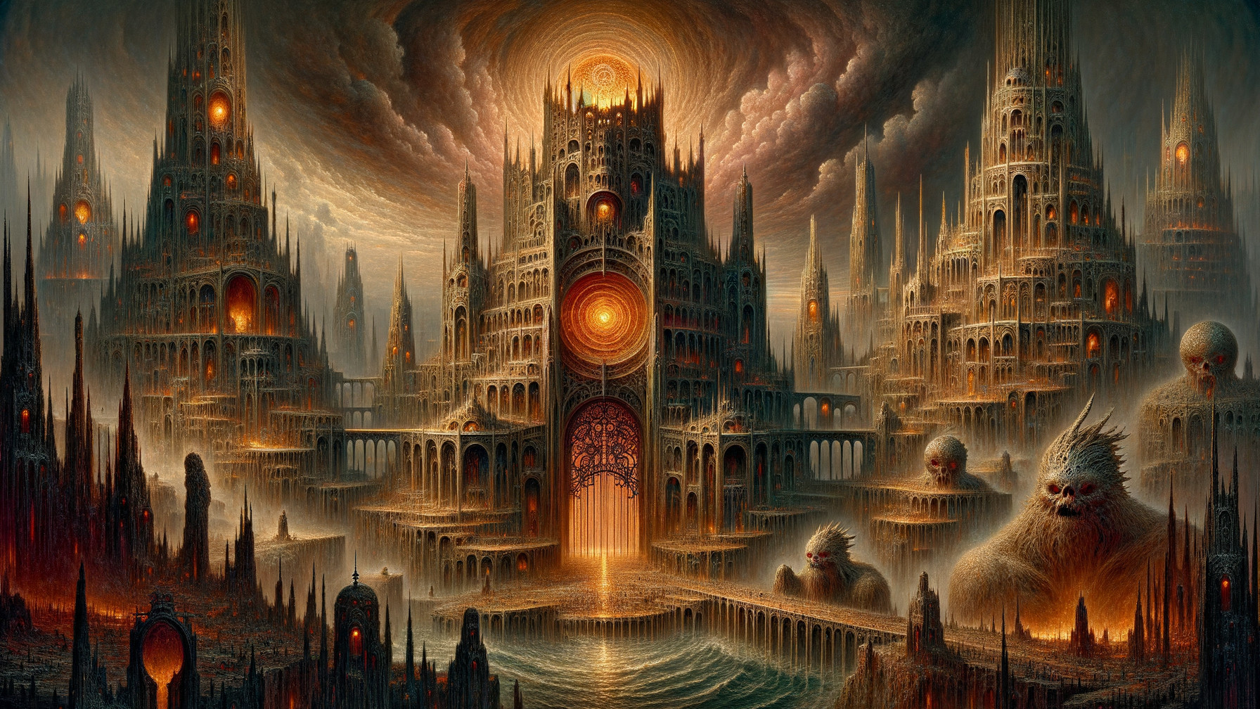 Surreal Landscape with Castle-Like Structures and Light
