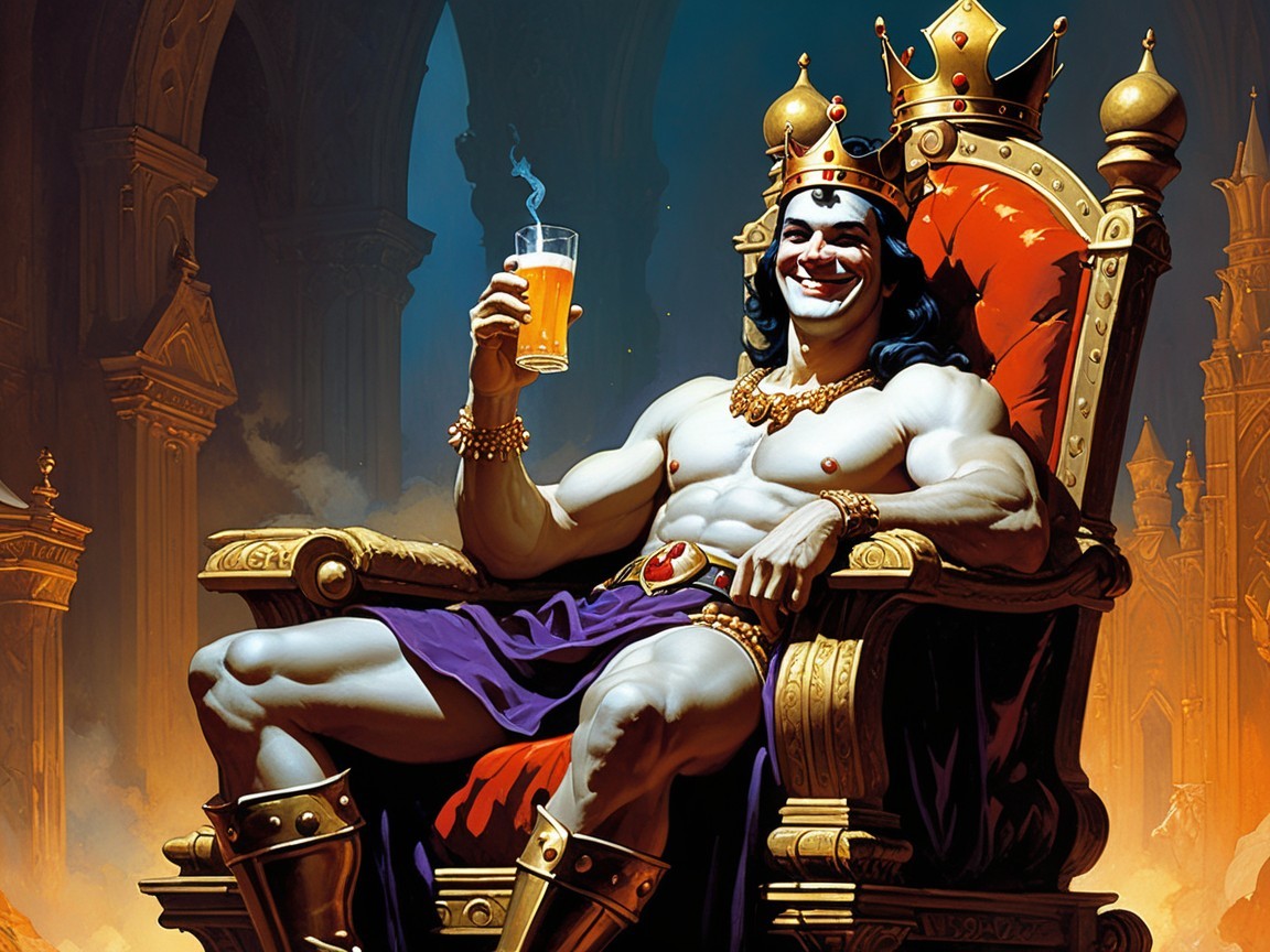 Muscular King on Throne with Beer in Luxurious Setting