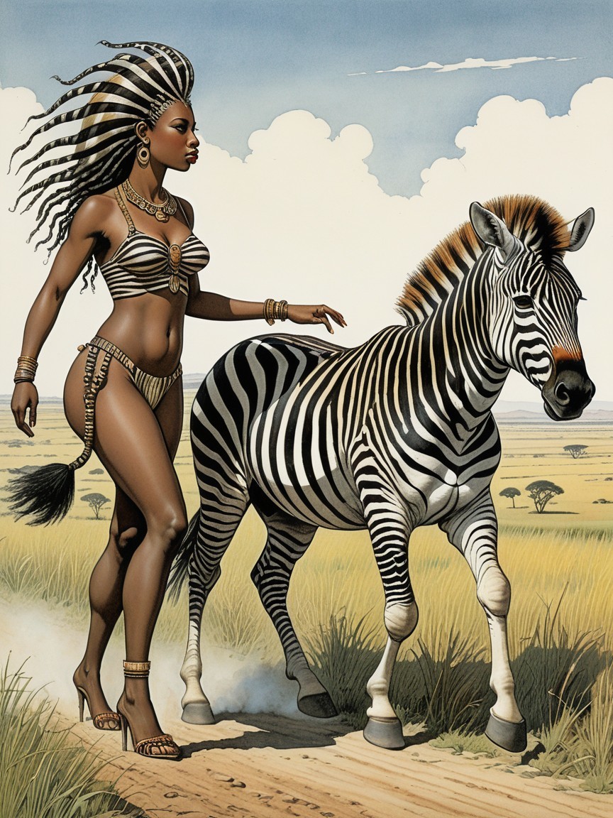 Confident Woman in Tribal Attire with Zebra in Savannah