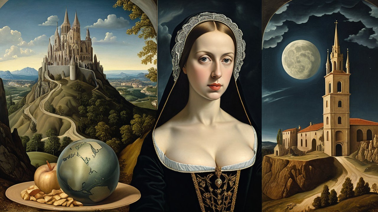 Triptych with Castle, Portrait, and Moonlit Church Scene