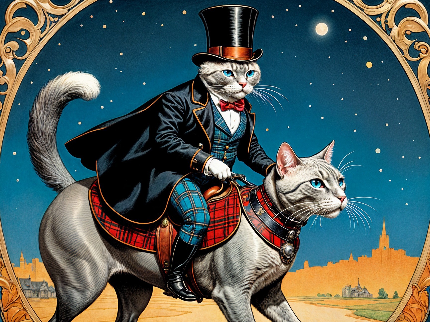 Whimsical Illustration of Cats in a Starry Night Scene