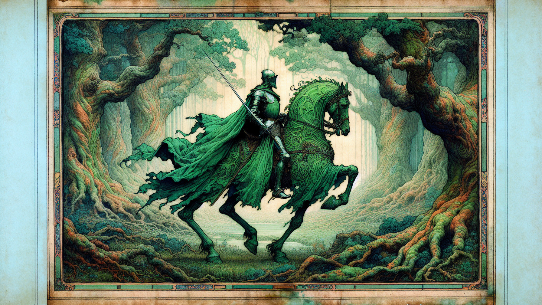 Green Knight in Armor Riding Through Enchanted Forest