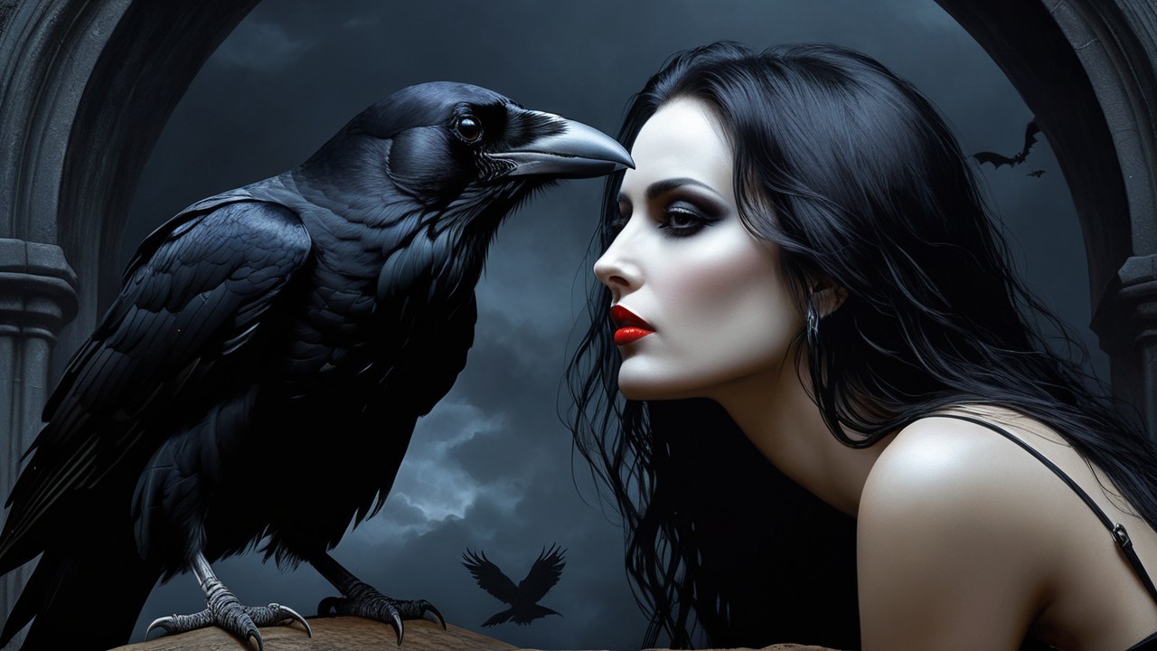 Gothic Scene with Woman and Raven Under Ominous Clouds