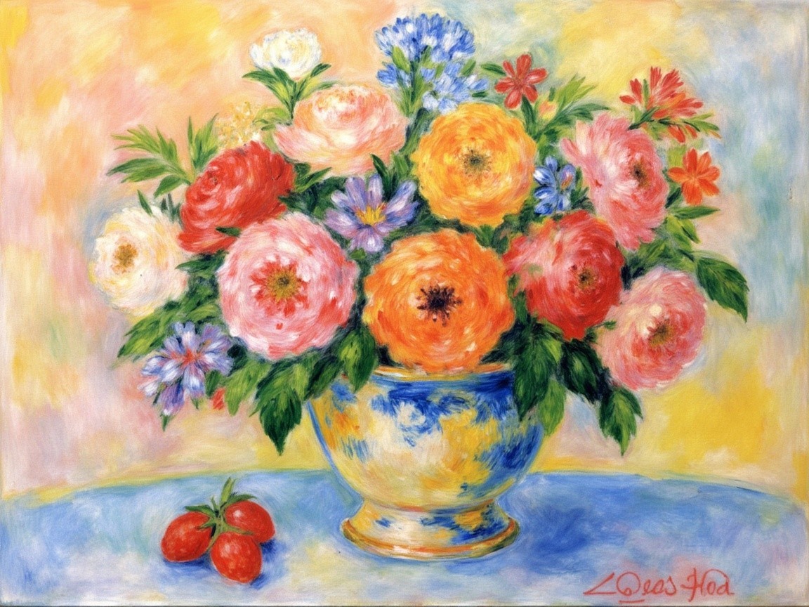 Vibrant Still Life with Colorful Flowers and Strawberries