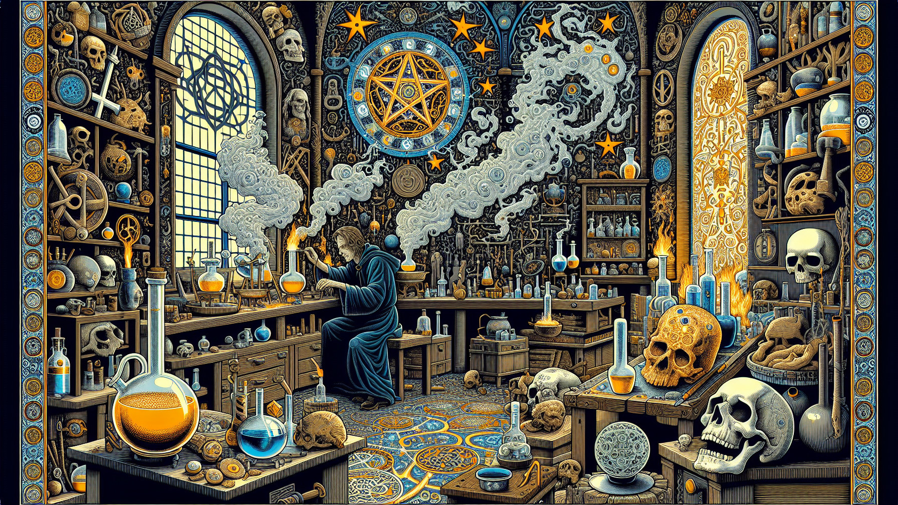 Alchemist's Workshop with Potions and Mystical Artifacts