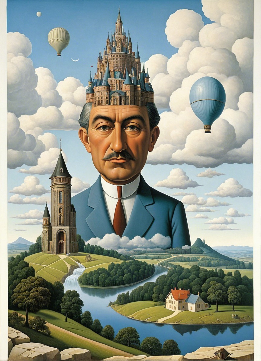 Surreal Artwork of a Man with Castle and Hot Air Balloons