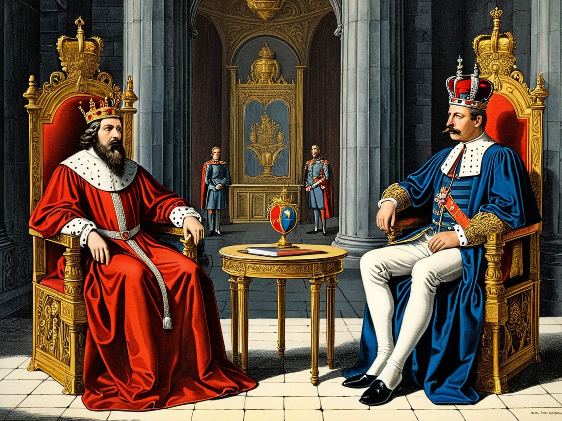 Regal Figures on Ornate Thrones in Opulent Palace