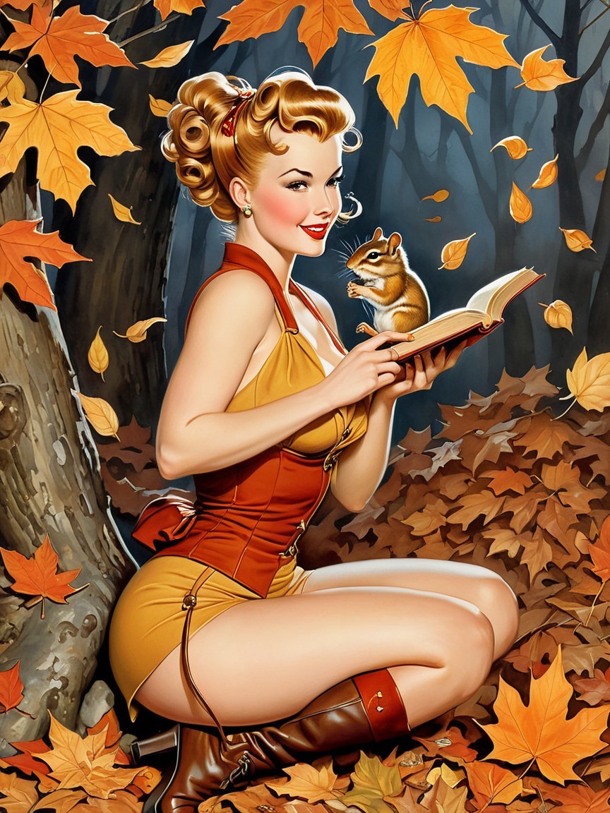 Cheerful Woman in Autumn Forest with Chipmunk and Book