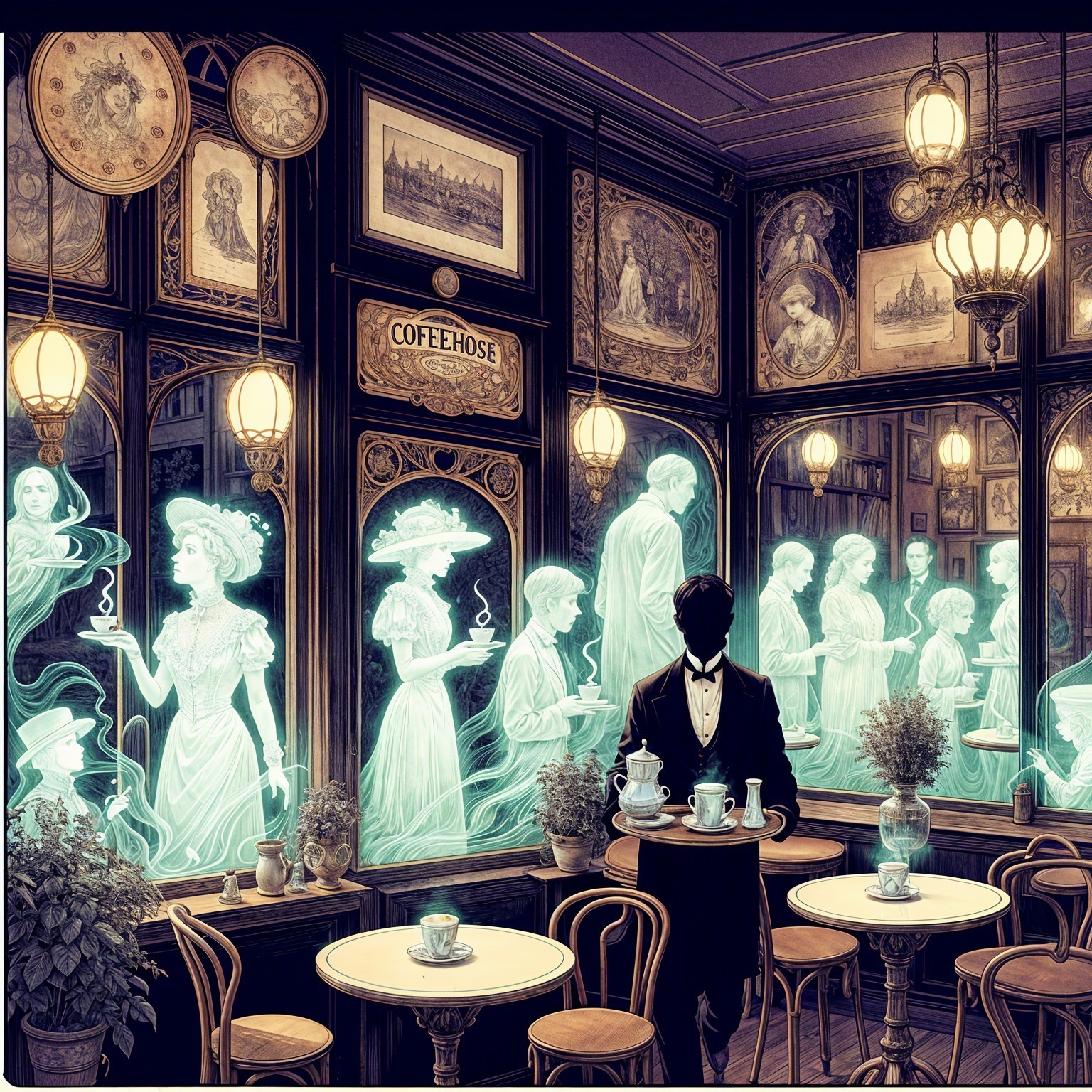 Vintage Coffeehouse with Ghostly Patrons and Tea