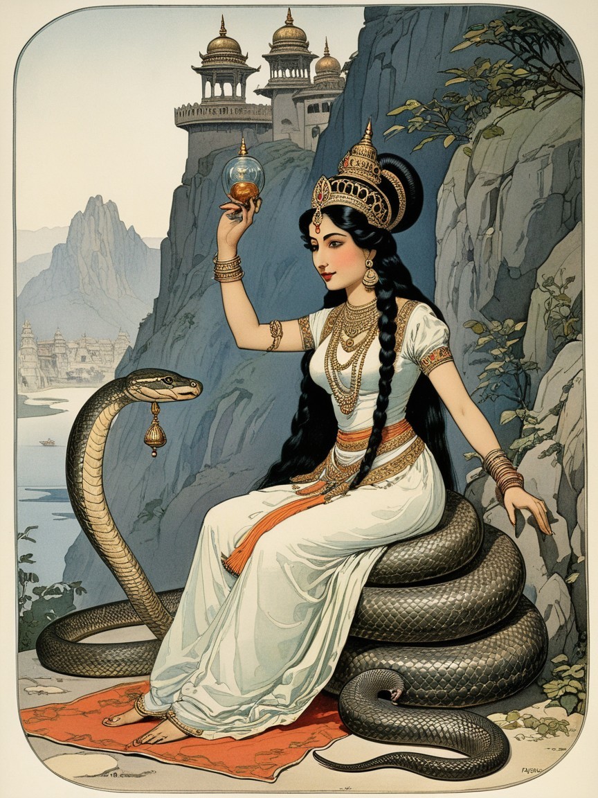 Regal figure on serpent with glowing orb in mystical setting