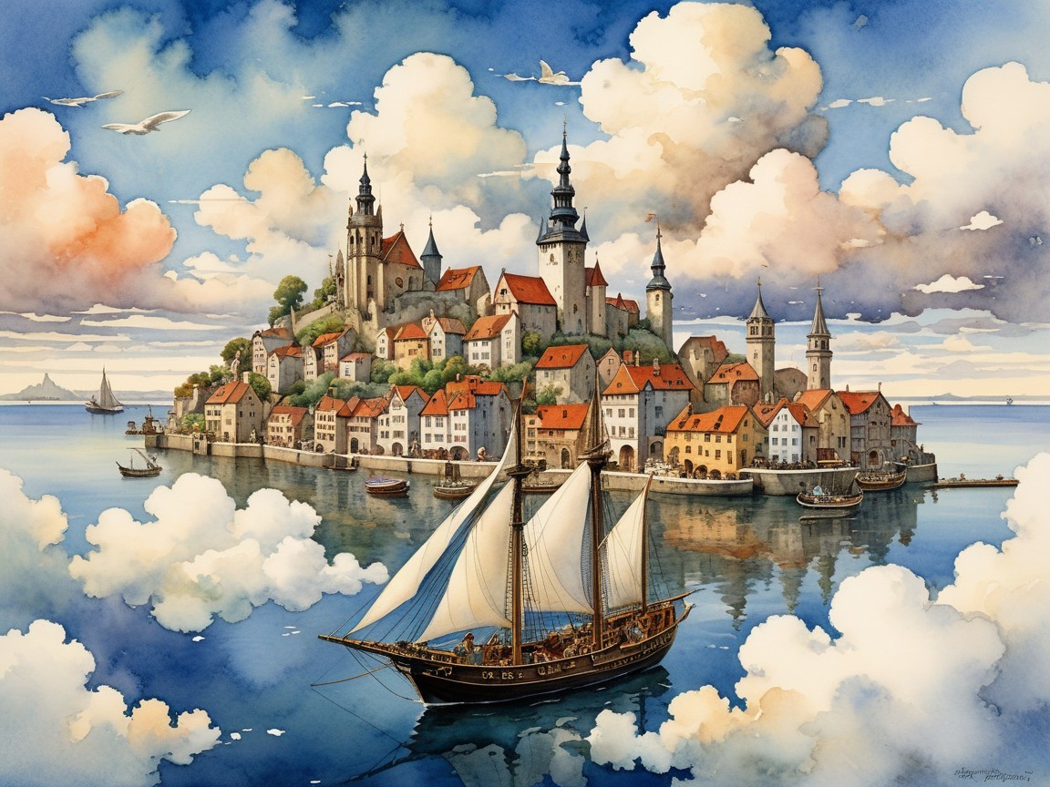 Charming Island Village with Red Rooftops and Spires
