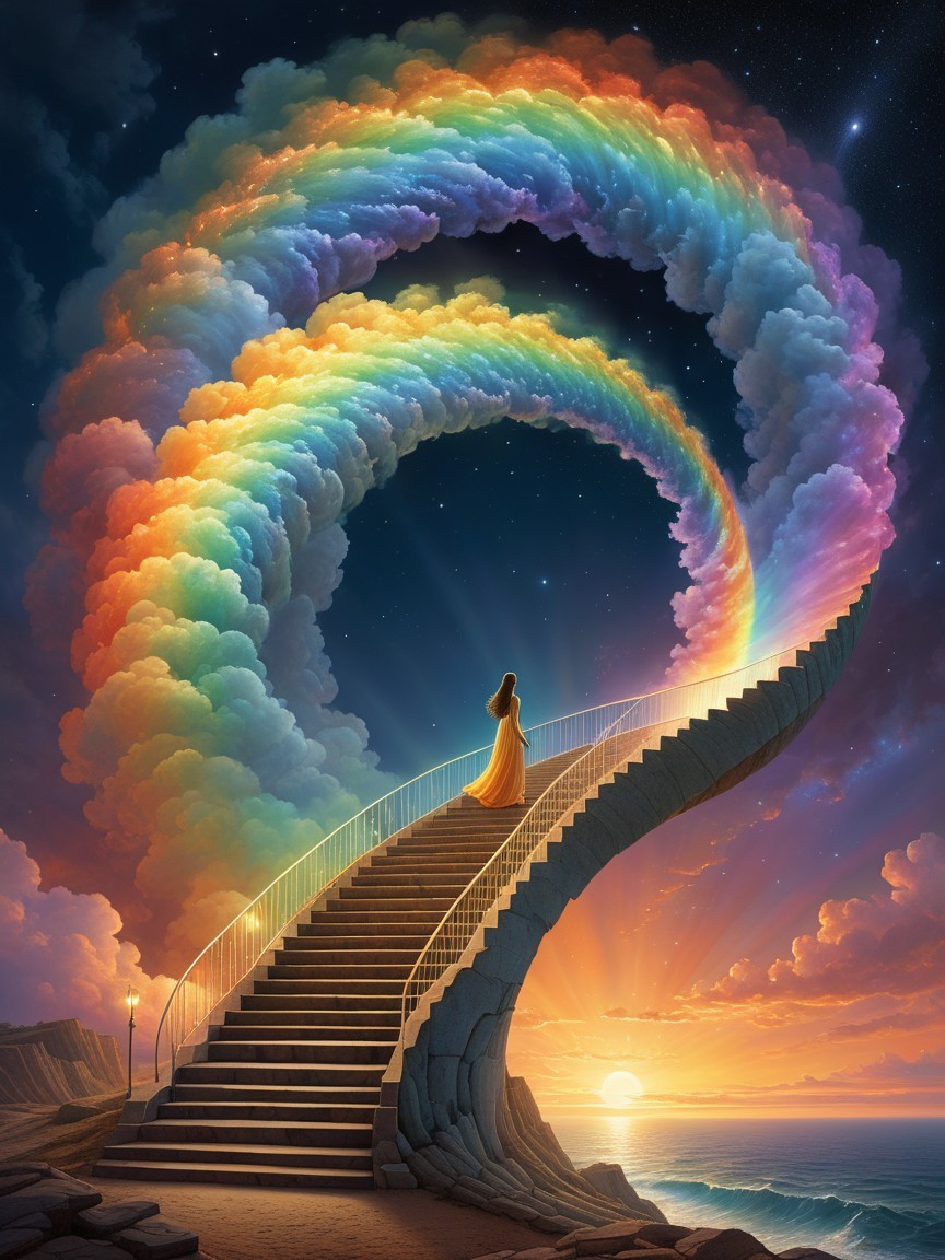 Surreal Scene of Woman on Spiral Staircase to Sky