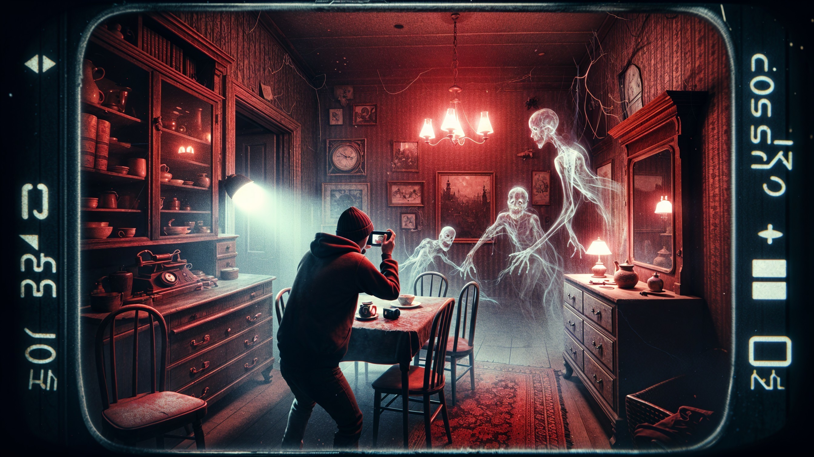 Dimly Lit Vintage Room with Ghostly Apparitions