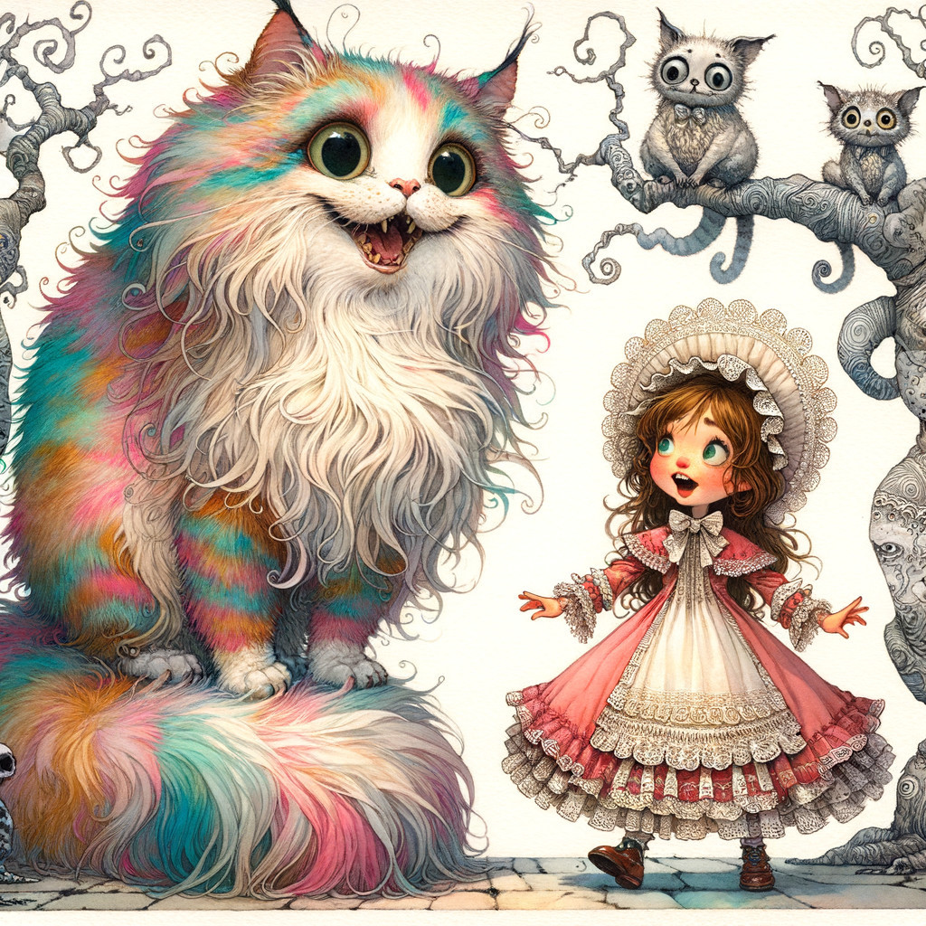 Whimsical Scene of Rainbow Cat and Girl in Fantasy Landscape