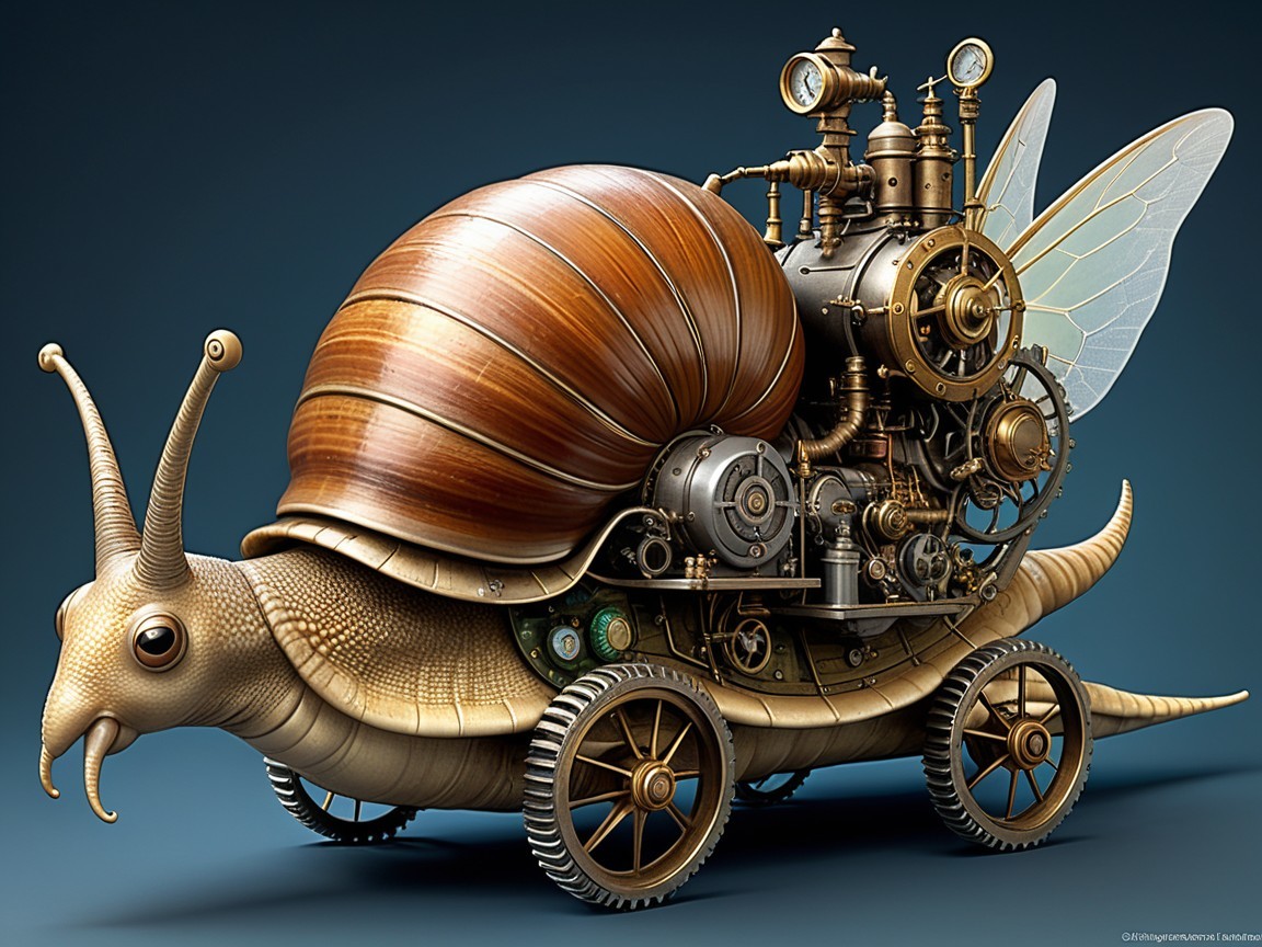 Whimsical Steampunk Snail with Brass Engine and Wings