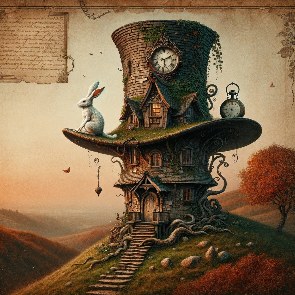 Whimsical Top Hat Cottage Surrounded by Enchanted Landscape