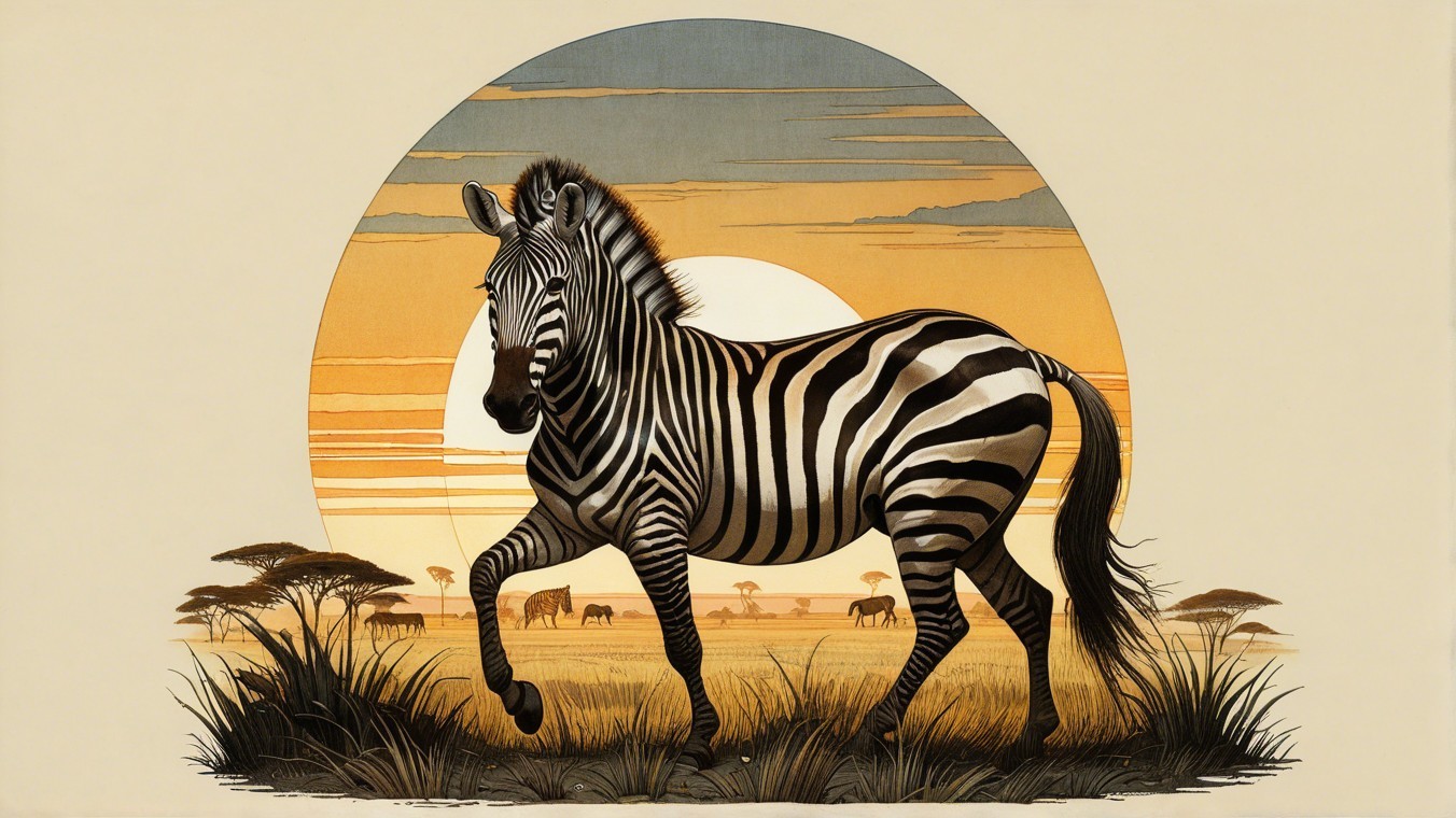 Zebra in Savanna at Sunset with Wildlife Silhouettes