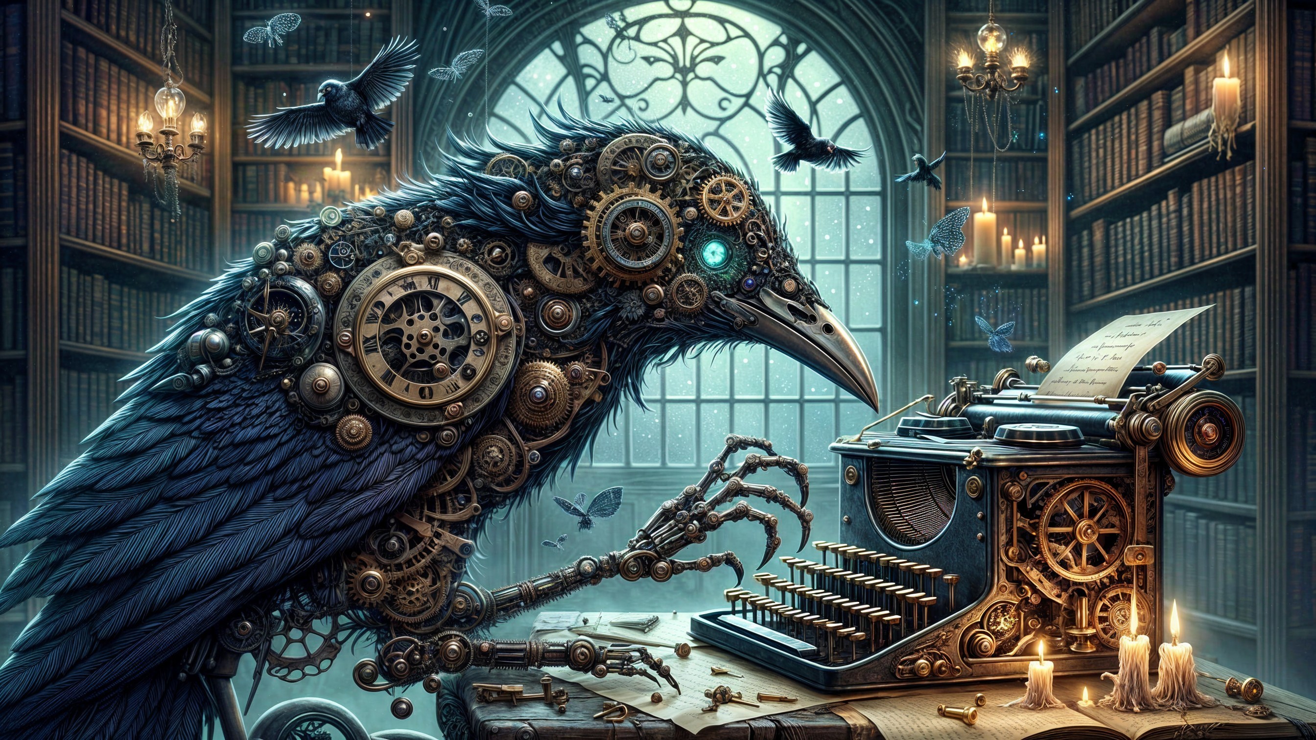 Mechanical Raven in a Grand Library Setting
