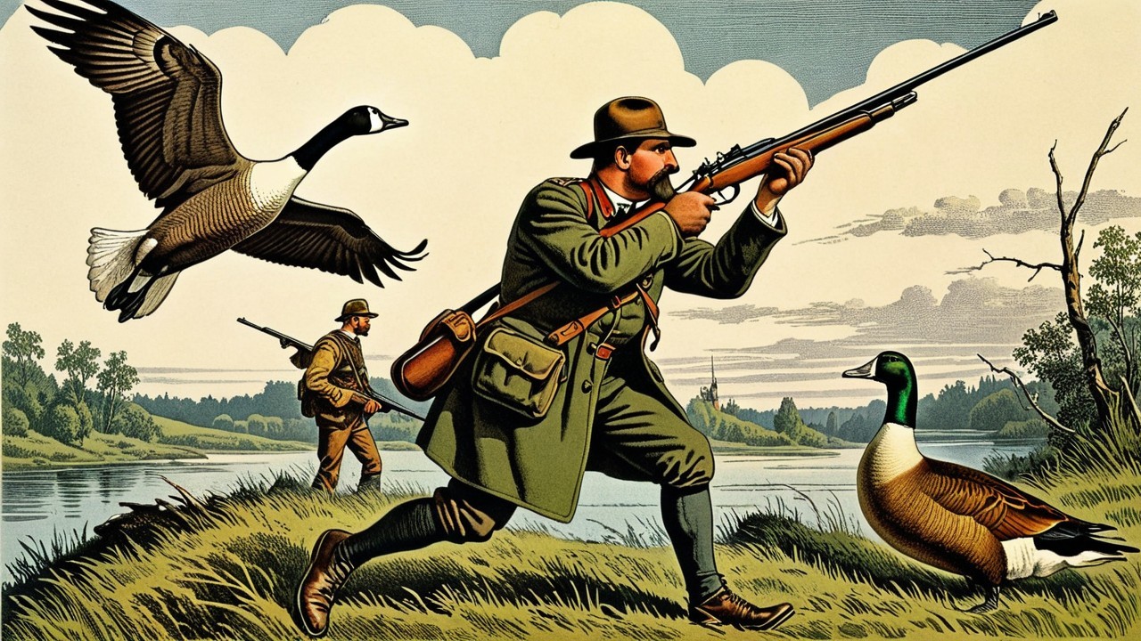 Hunters in a Serene Outdoor Setting with Ducks