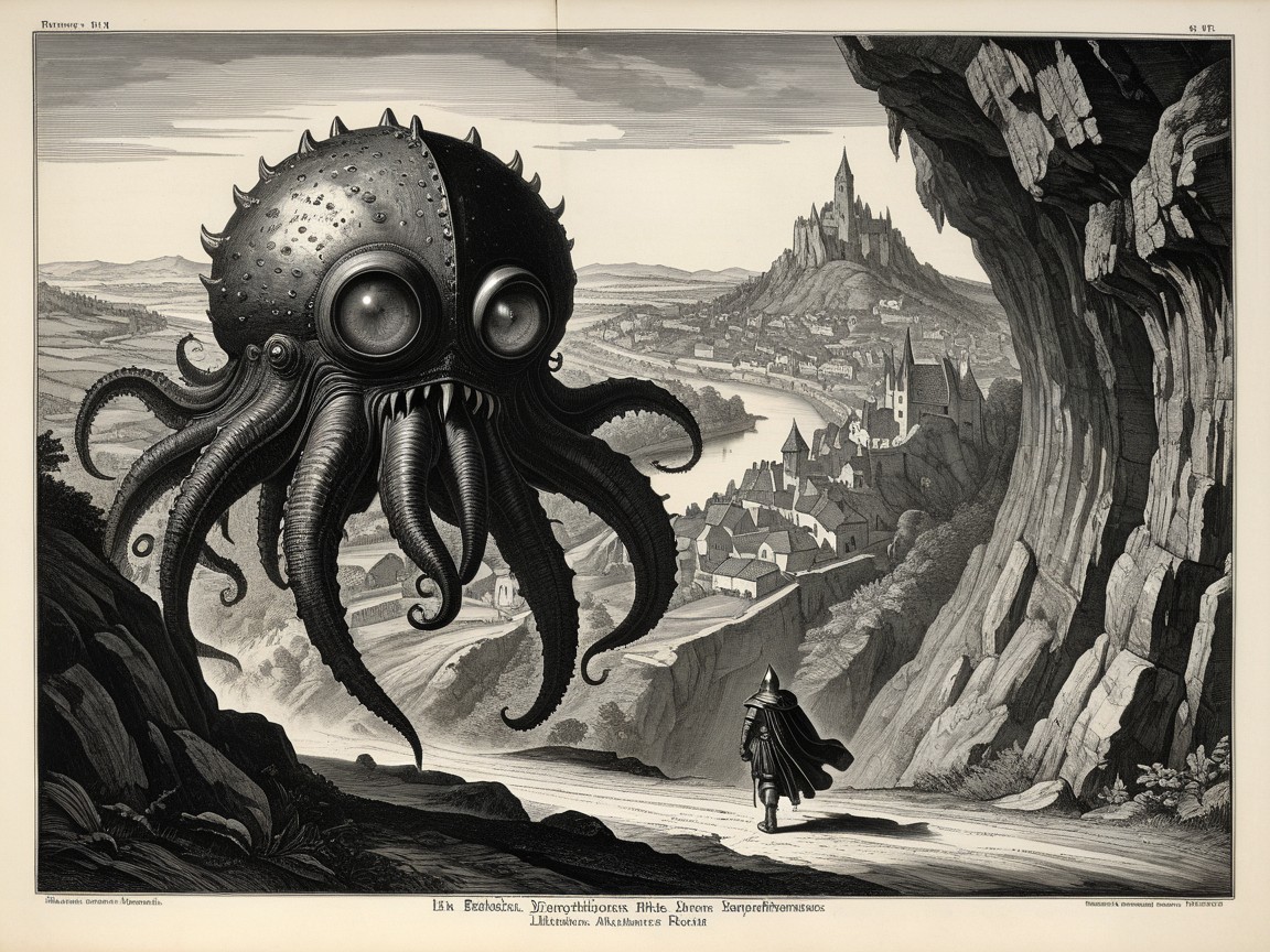 Surreal Illustration of a Giant Cephalopod in Landscape