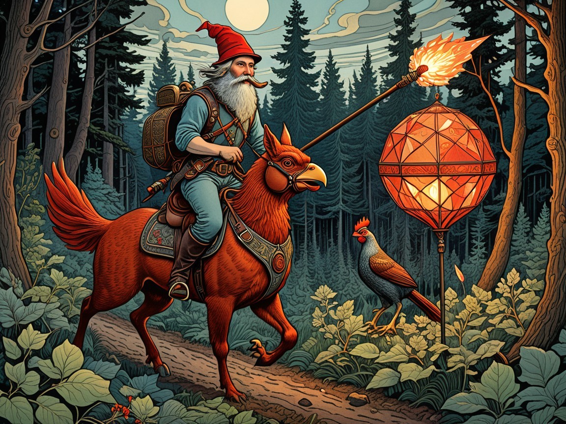 Whimsical Forest Scene with Gnome and Orange Bird