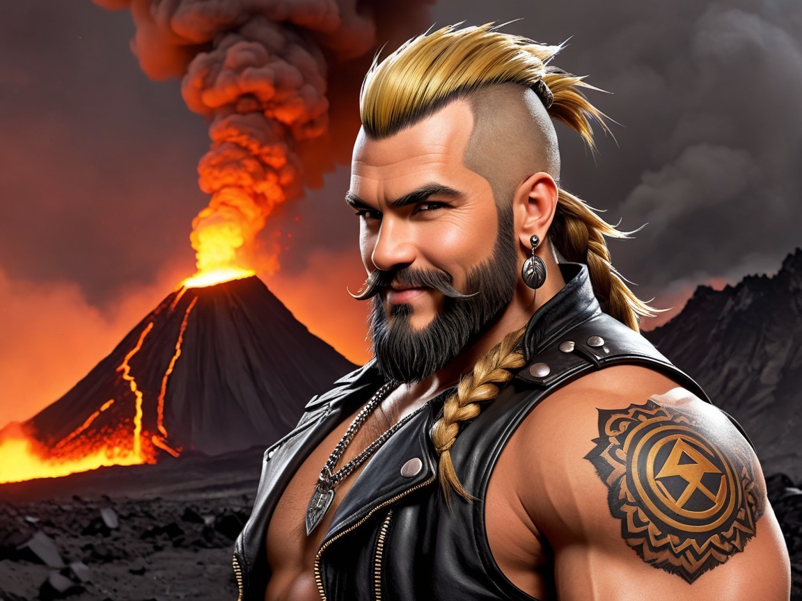 Muscular Man with Mohawk Against Erupting Volcano