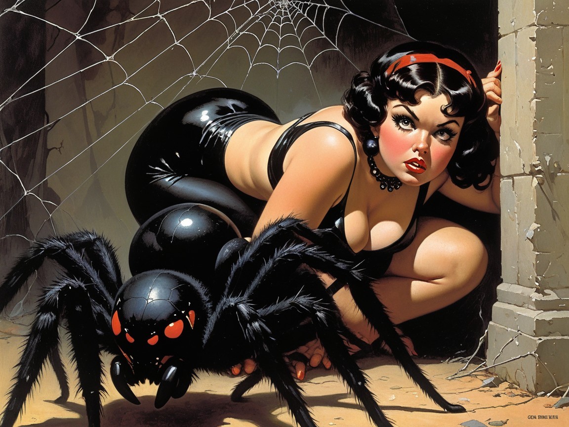 Glamorous Woman in Retro Fashion with Spider Illustration