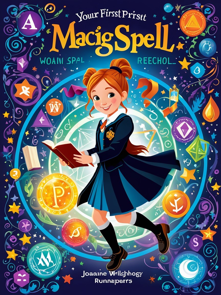 Colorful Book Cover with Young Girl and Magical Symbols