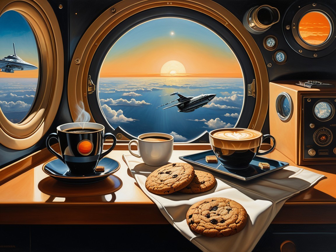 Cozy Futuristic Spacecraft Scene with Sunset View
