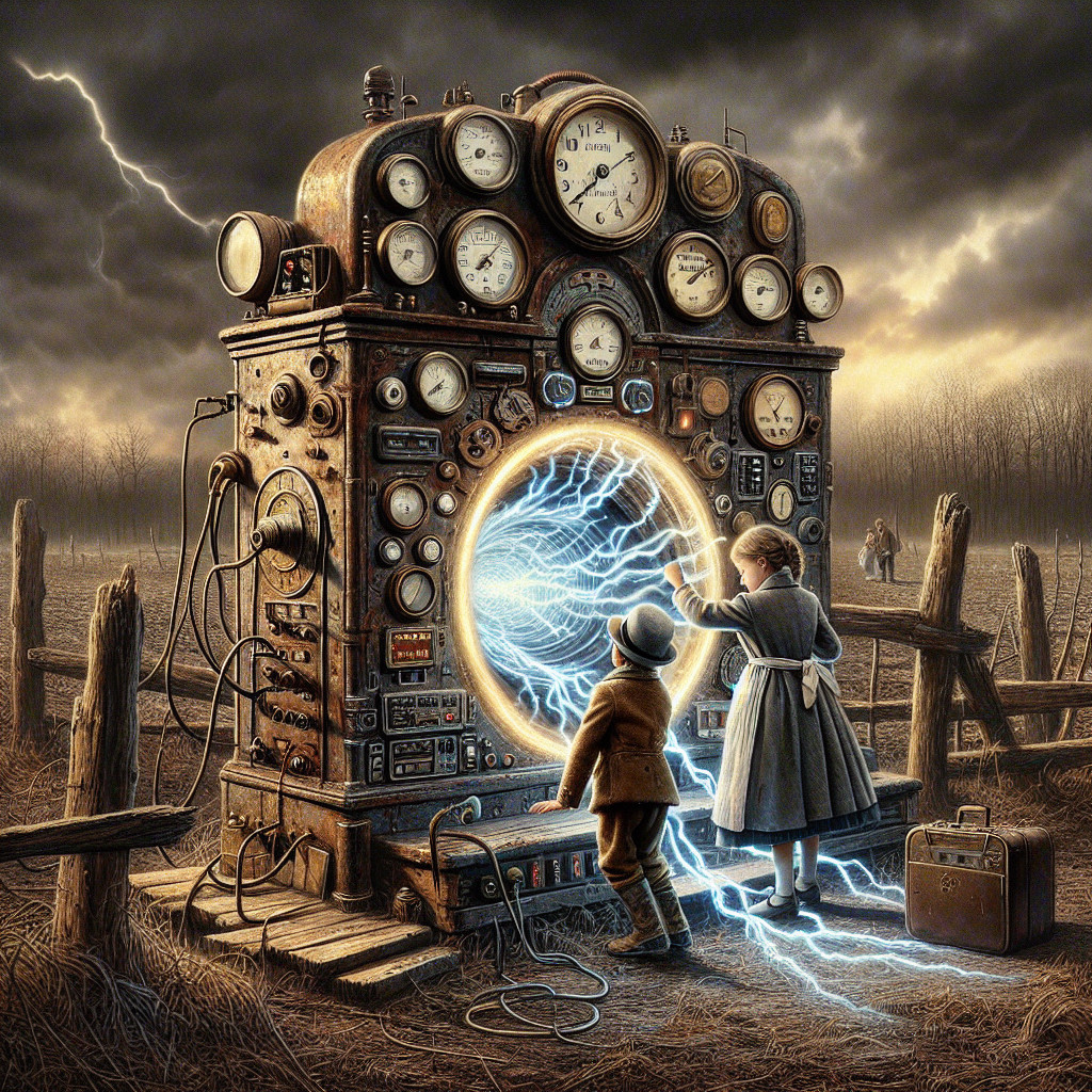 Steampunk Machine and Portal in Stormy Landscape