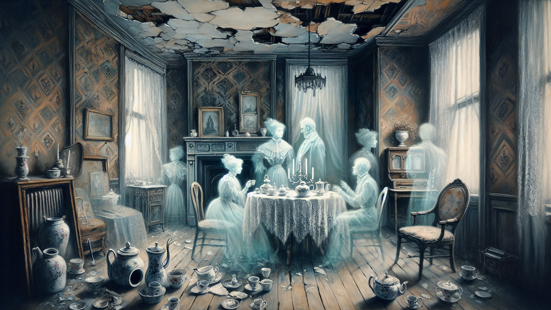 Vintage Room with Ethereal Figures and Eerie Atmosphere