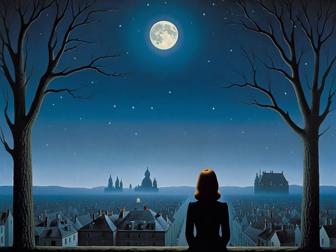 Moonlit Cityscape with Woman and Framing Trees