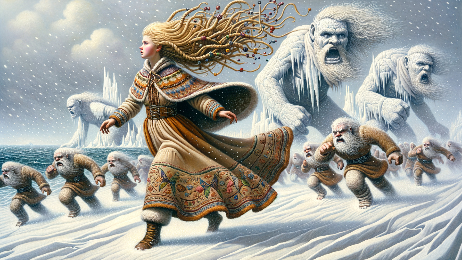 Girl in snowy landscape with ice giants and magic