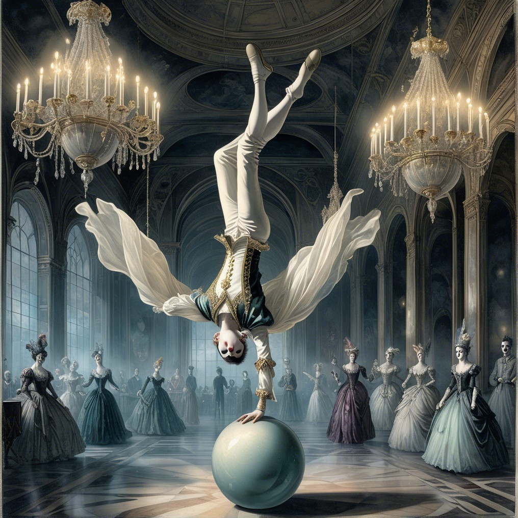 Elegant Performer Balances in Opulent Ballroom