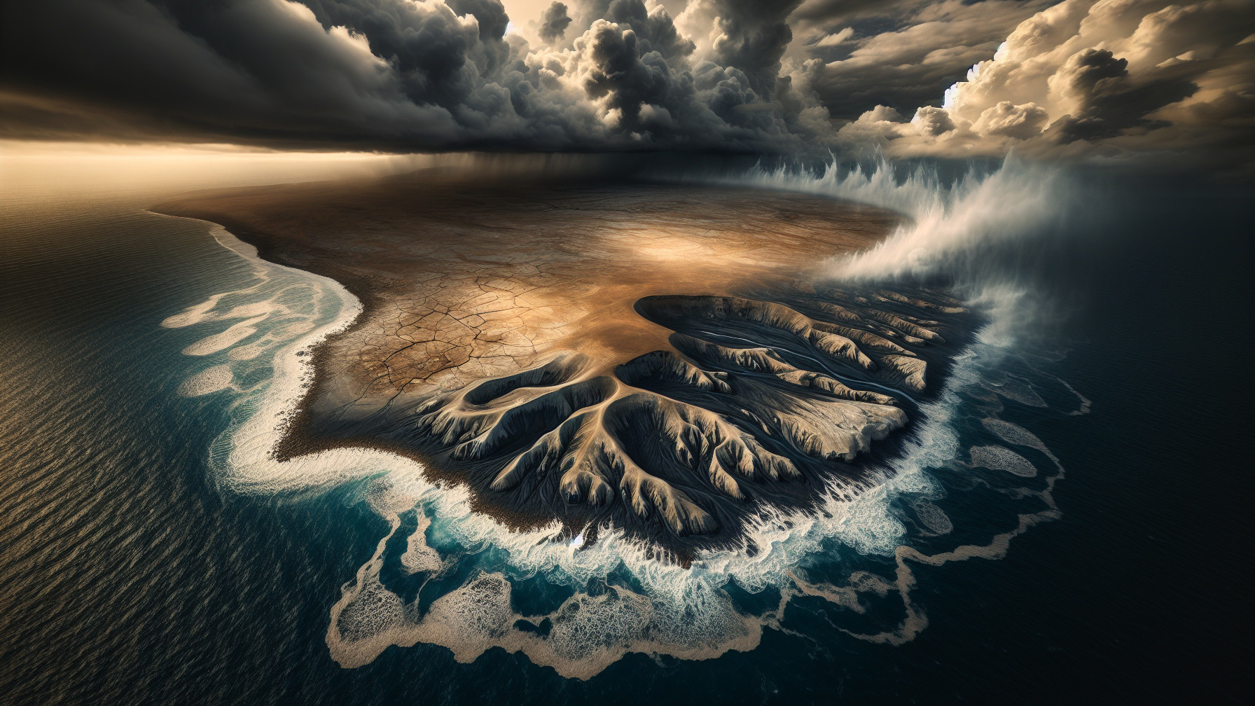 Aerial View of a Rugged Island with Stormy Skies