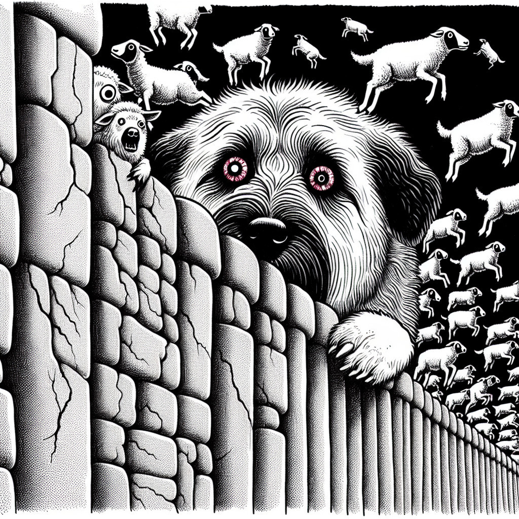 Dog Observing Sheep in Surreal Sky Artwork