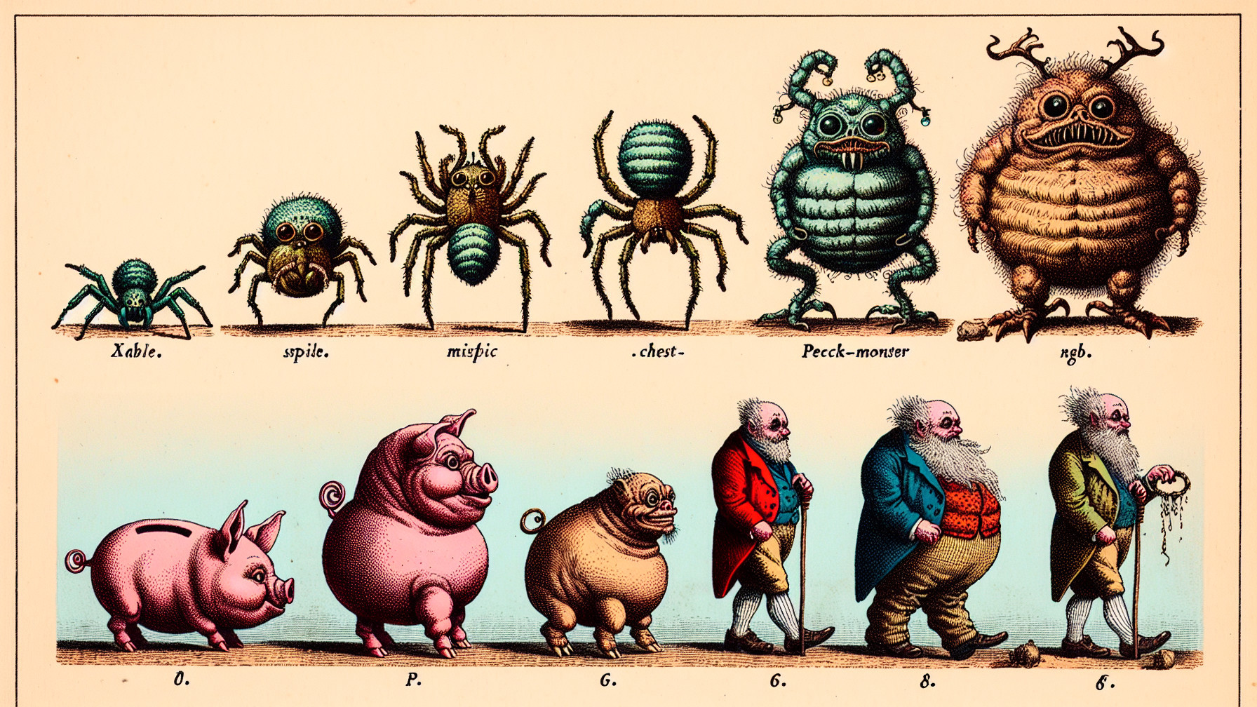 Whimsical Creatures and Cartoonish Pigs Displayed