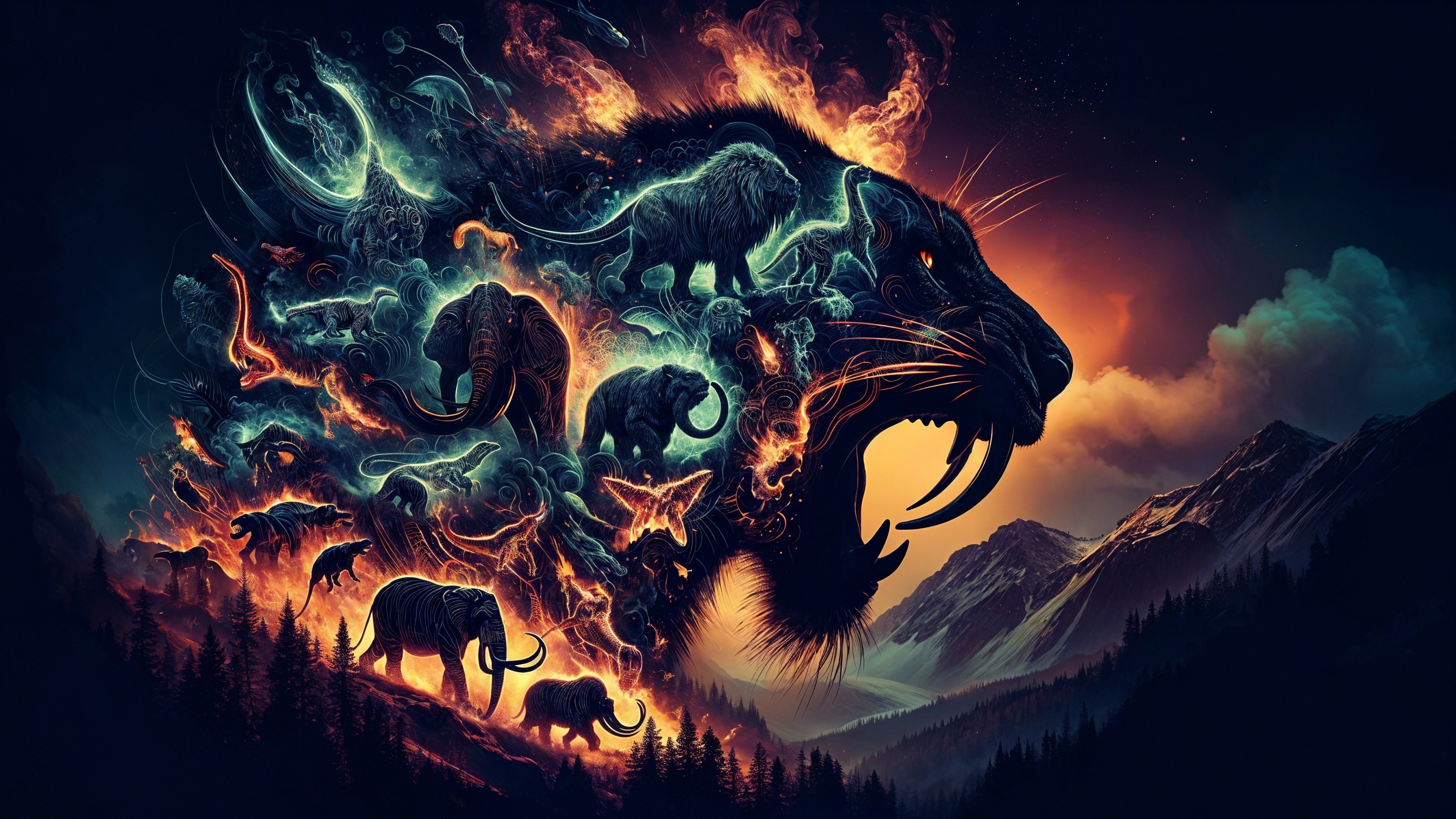 Dramatic Lion Head Surrounded by Flames and Animals