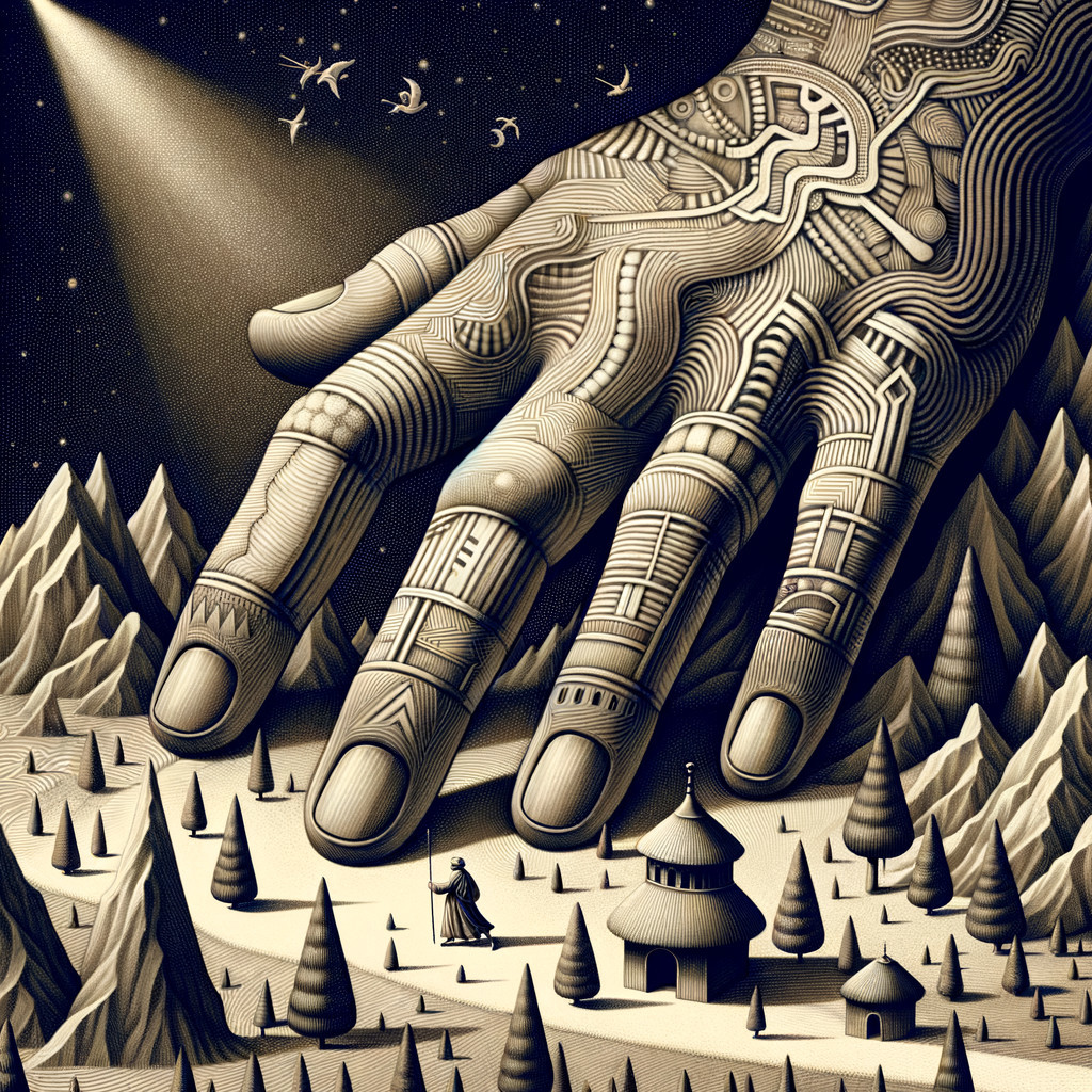 Giant Hand Over Surreal Landscape with Cloaked Figure