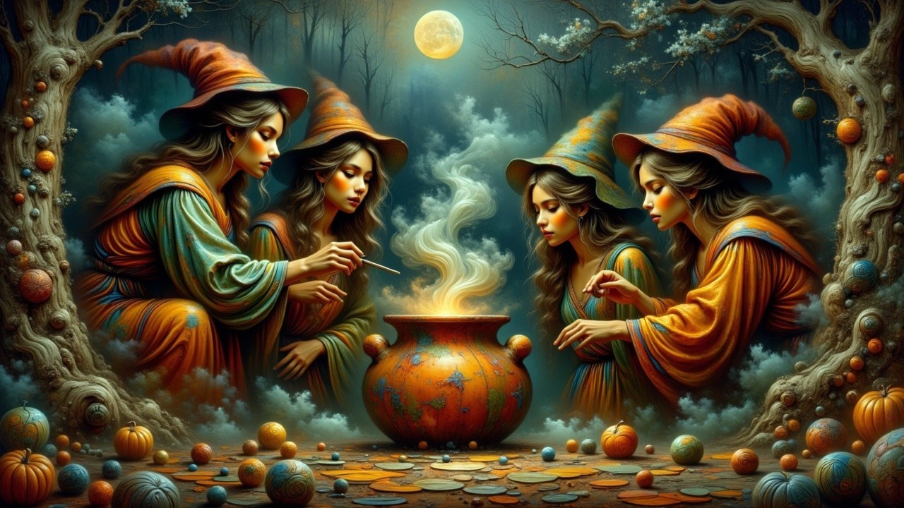 Witches in Colorful Attire Gather Around Cauldron at Night