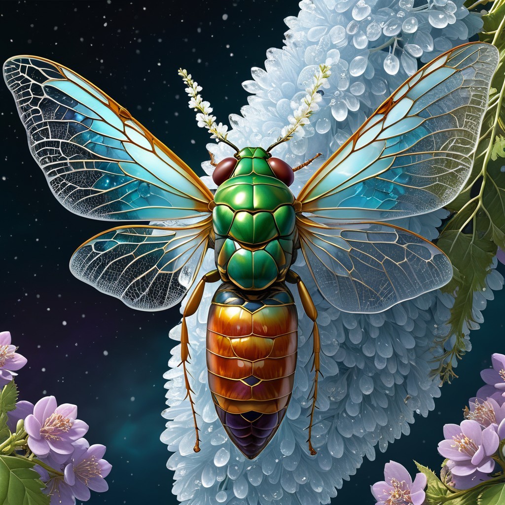 Detailed Illustration of a Colorful Cicada on Flowers