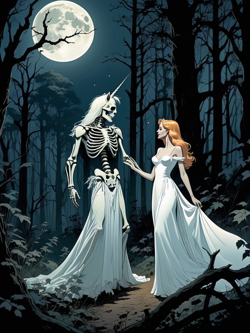 Moonlit Forest with Ethereal Figures in White Gowns
