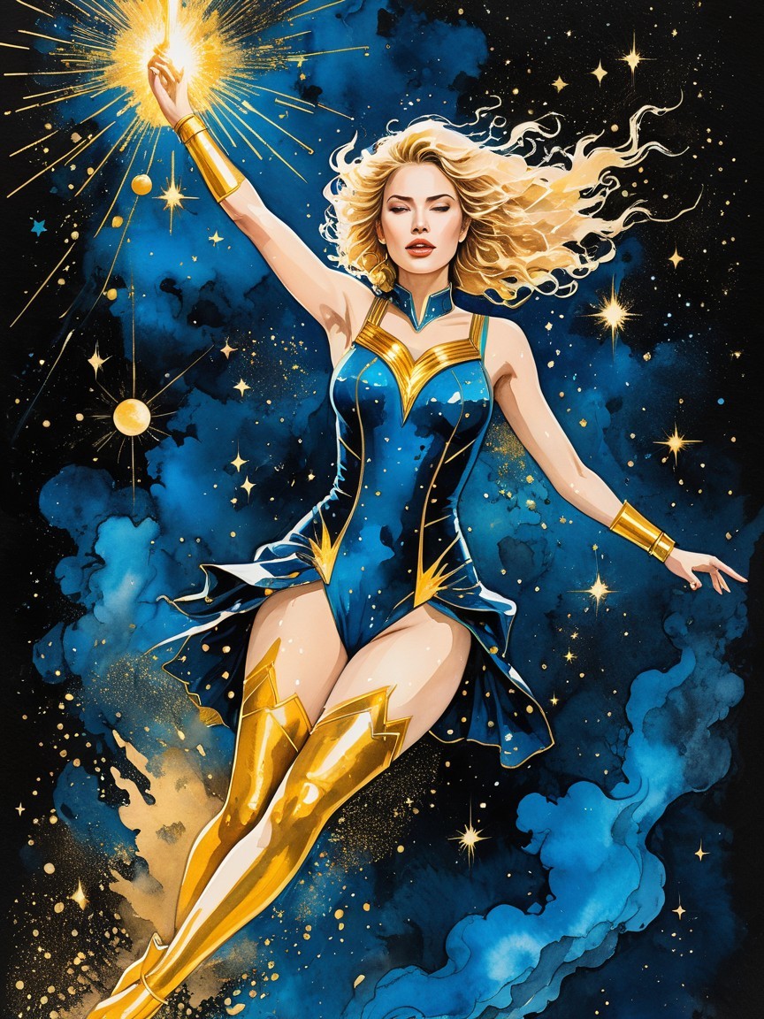 Superheroine in Blue and Gold Costume Soaring in Space