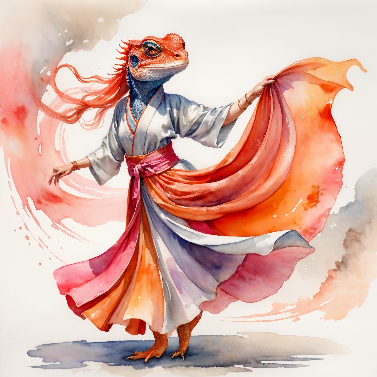 Watercolor Illustration of a Lizard in a Kimono