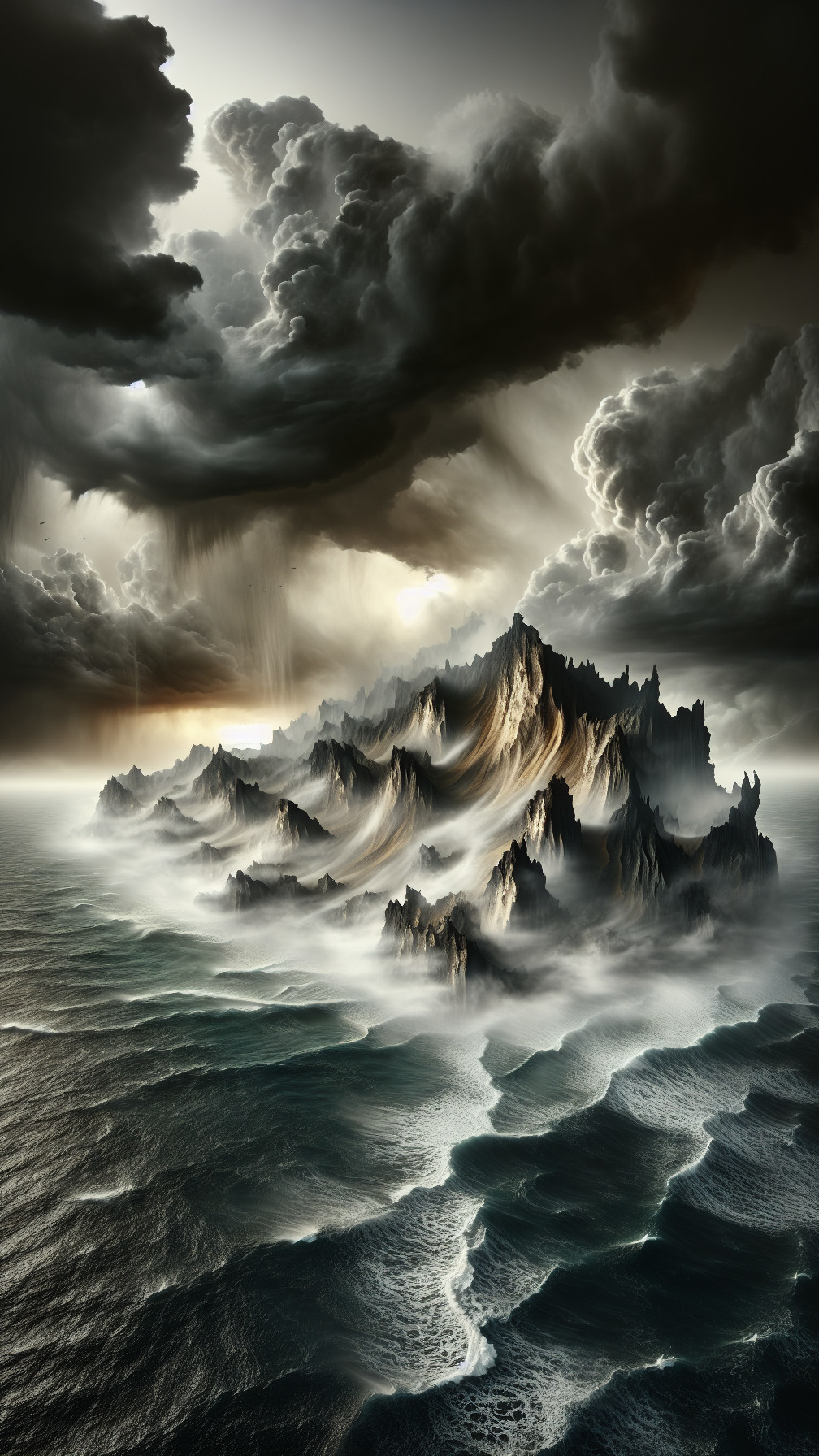 Dramatic Seascape with Jagged Mountains and Stormy Skies