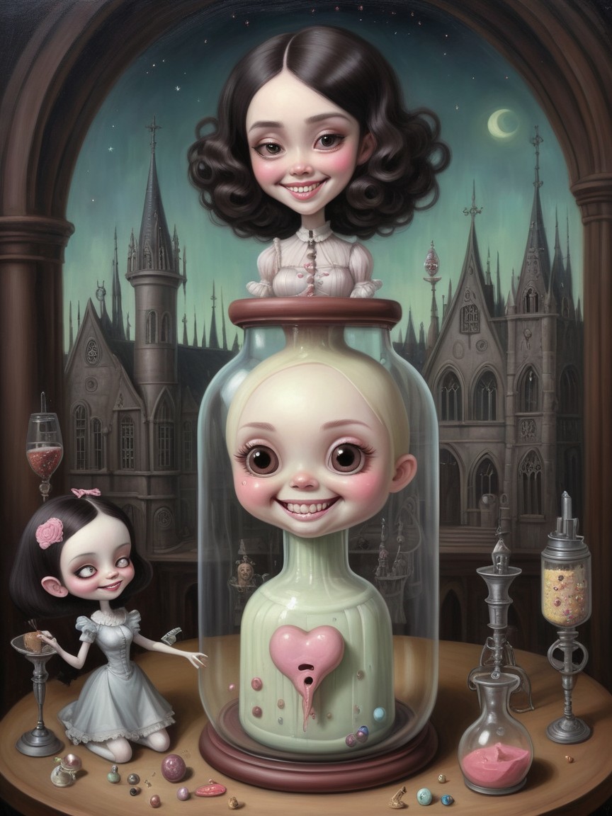Whimsical Doll Figures in Glass Jar with Gothic Background