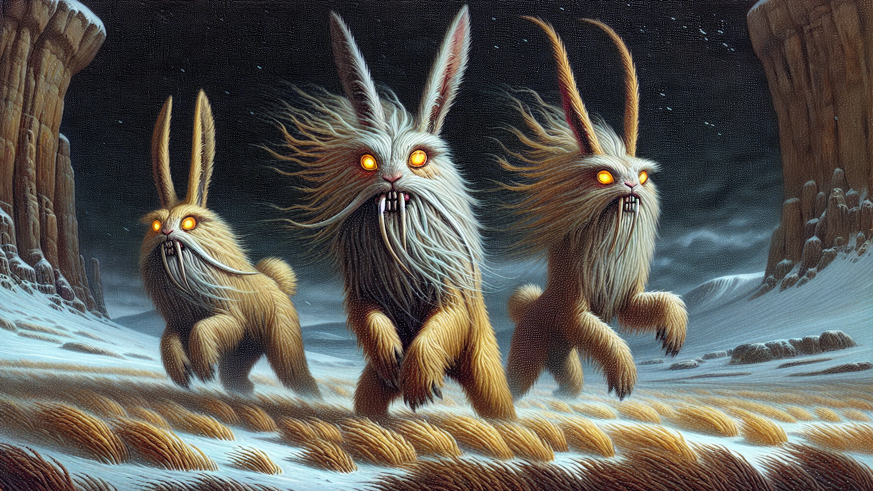 Anthropomorphic rabbits in snowy landscape with rock formations