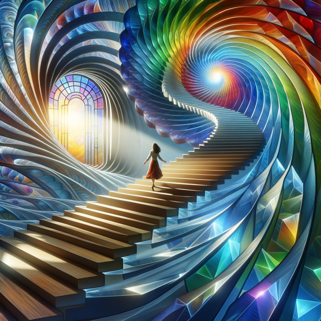 Vibrant Spiral Staircase with Stained-Glass Light