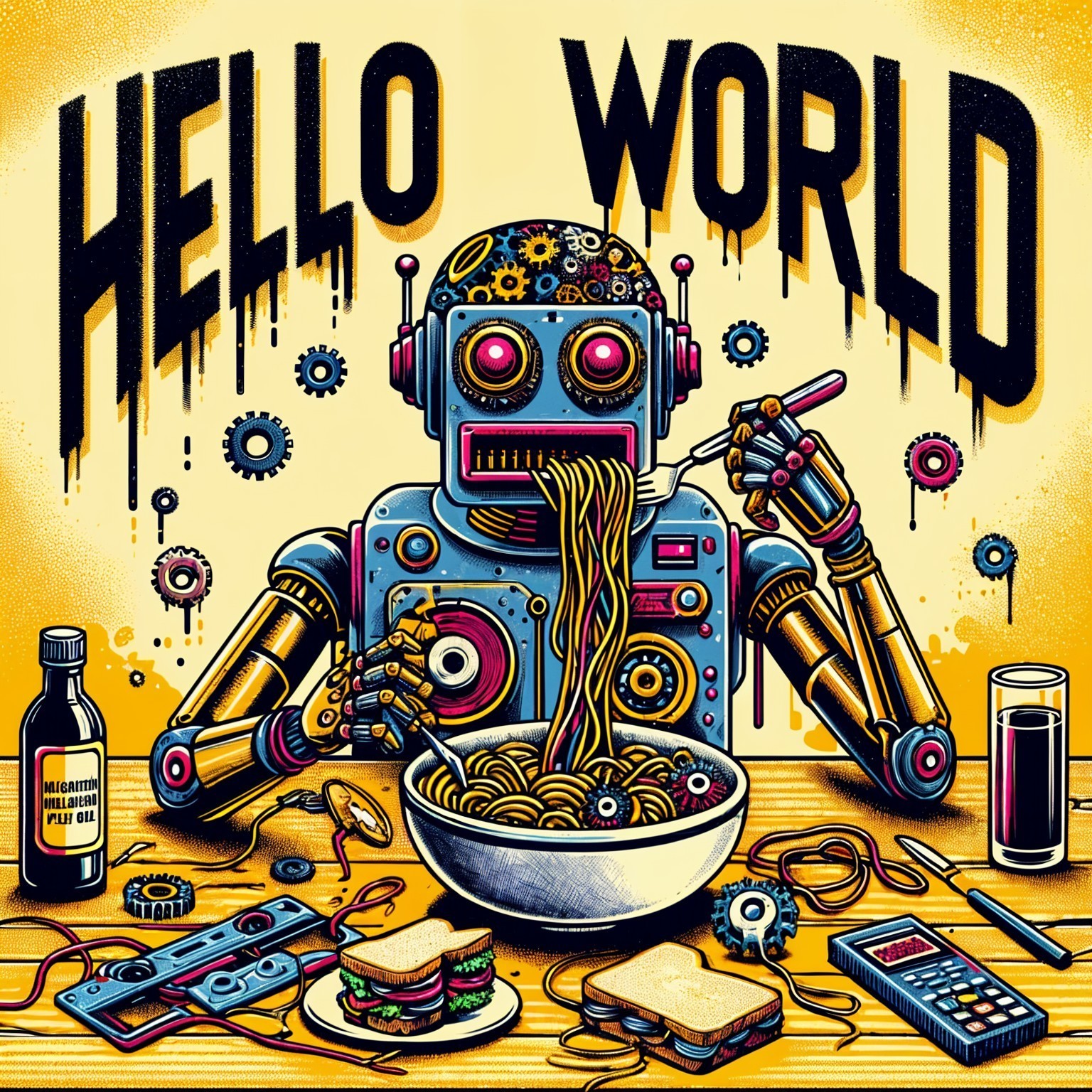 Cartoon Robot Dining with Gadgets and Colorful Background