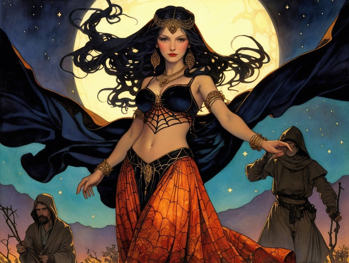 Sorceress in Moonlight with Hooded Figures Observing